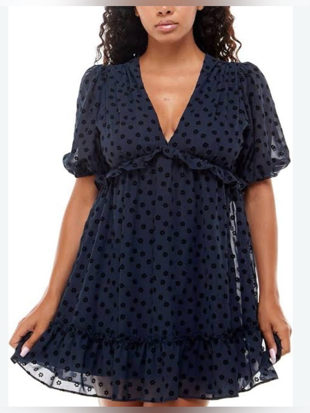 B. Darlin Navy Flocked Floral Puff Sleeve Mini Dress Size 2
